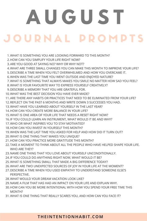 31 Daily August Journal Prompts For Gratitude, Reflection & Discovery 2 August Daily Journal Prompts, Goals For August 2024, August 2024 Journal Prompts, Goals For August, Journal For August, August Prompts 2024, August Goals List, August Writing Prompts, Adult Journaling Prompts