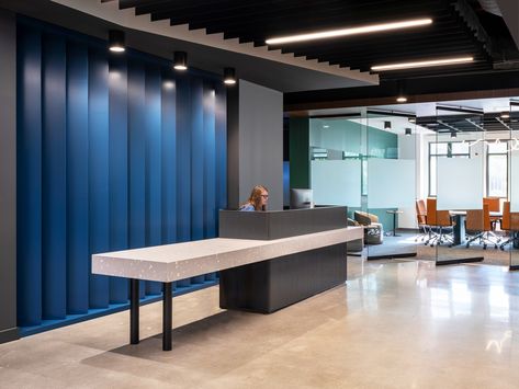 Trevipay Offices - Overland Park Park Flooring, Overland Park Kansas, Ergonomics Furniture, Blue Office, Reception Counter, Office Designs, Office Photo, Lobby Interior, Built In Seating