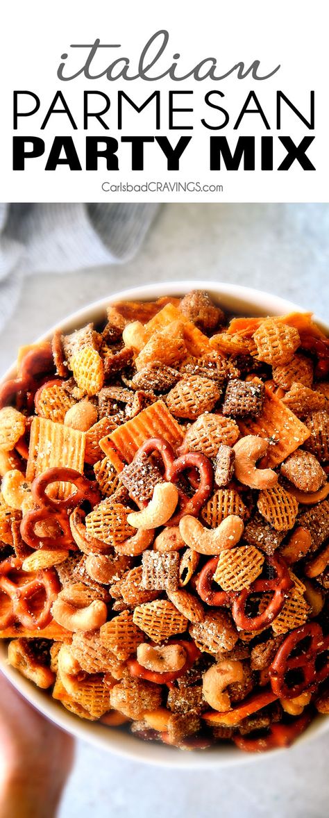 Make ahead crunchy, salty, savory Italian Parmesan Party Mix bursting with Italian flavor in each cashew, pretzel, chex mix bite! This is my go-to party snack that everyone begs me to make! Party Snacks Easy Appetizers, Chex Snack Mix, Party Snacks Easy, Trail Mix Recipes, Carlsbad Cravings, Chex Mix Recipes, Snack Mix Recipes, Party Snack, Party Mix