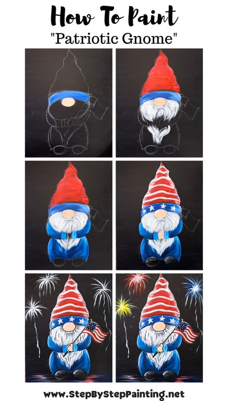 How To Paint A "Patriotic Gnome" - Step By Step Tutorial Fourth Of July Gnome Painting, Summer Gnome Painting Canvas Diy, Patriotic Gnome Painting, How To Do Canvas Painting Step By Step, 4th Of July Paintings On Canvas Easy, Easy Patriotic Paintings On Canvas, How To Paint A Gnome Step By Step, 4th Of July Canvas Painting Ideas, Patriotic Acrylic Painting Ideas