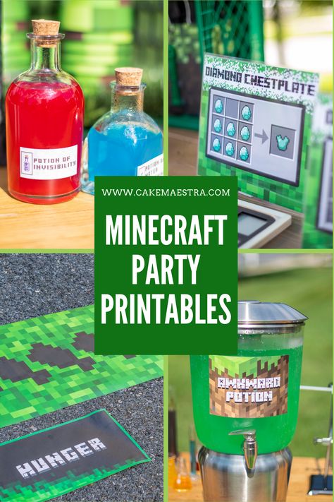 Mindcraft Party Food Ideas, Minecraft Party Drink Ideas, Minecraft Themed Birthday Party Food Ideas, Minecraft Drink Labels, Mind Craft Party Games, Minecraft Birthday Party Ideas Decoration, Minecraft Party Ideas Games, Minecraft Party Food Ideas, Minecraft Birthday Games