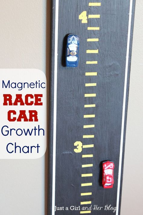 Fun Magnetic Race Car Growth Chart by Just a Girl and Her Blog-- PERFECT for a boy room! Race Car Bedroom, Boy Car Room, Car Nursery, Cars Room, Car Bedroom, Boy Car, Car Themes, Diy Projects For Kids, Toddler Bedrooms