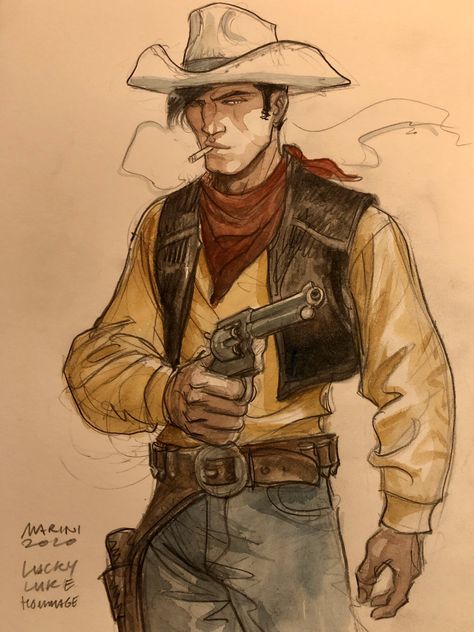 Lucky Luke Art, Cowboy Comic Art, Lucky Luke Drawing, How To Draw Cowboy Hat, Lucky Luke Wallpaper, Cowboy Art Reference, Cowboy Drawing Character Design, Cowboy Hat Drawing Reference, Cowboy Drawing Reference