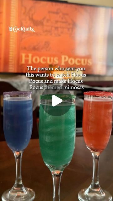 Cocktails (21+ to follow) on Instagram: "Cast a delicious spell and create these gorgeous Hocus Pocus mimosas🥂 Send this to someone you want to make these with! Inspo: @thats.thespirits

#hocuspocus #mimosas #halloween #fall #drink #fyp" Hocus Pocus Drink, Fall Drink, Boozy Drinks, Follow On Instagram, Halloween Fall, Fall Holidays, Hocus Pocus, It's Fall, Mimosa