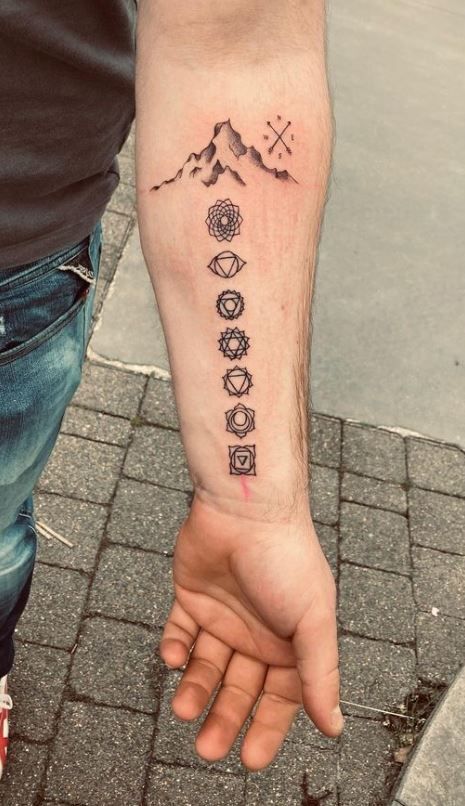 << Check out more Chakra Tattoos, Ideas and Meanings #tattoomenow #tattooideas #tattoodesigns #tattoos #chakra #chakratattoos #men #spiritual #meaningful Chakra Tattoos Men, Seven Chakras Tattoo Men, Spiritual Band Tattoo, Small Tattoo Ideas For Men Forearm Meaningful, 7chakras Tattoo, Spiritual Tattoo For Men, Yoga Tattoos Men, Tattoo For Hand Men, Tattoo Designs Men Meaningful Unique