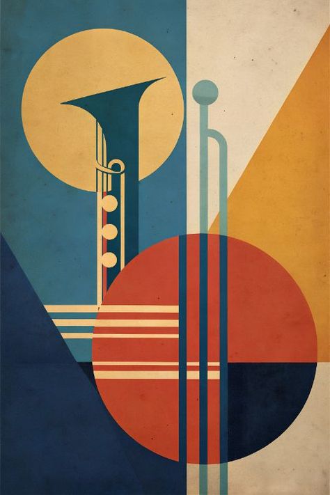 Harmony Art Drawing, Geometric Illustration Design, Music Composition Painting, Alternating Rhythm Art, Geometric Shape Poster Design, Geometric Poster Design, Musical Instruments Abstract Art, Cubism Music, Abstract Musical Instruments Paintings