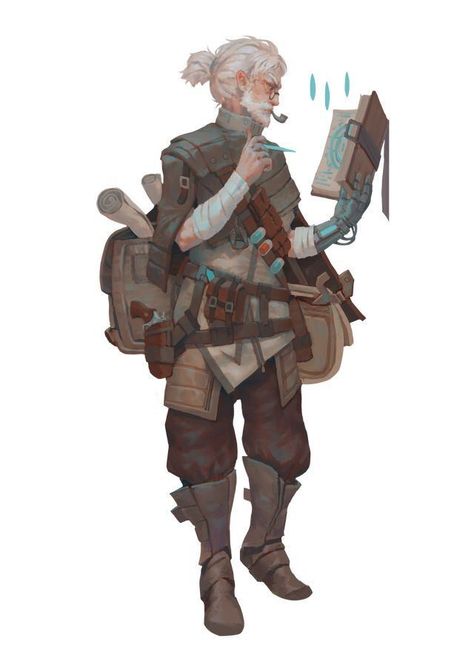 Traveller Character Art, Dnd Artificer Outfit, Dnd Anthropologist, Avatar Fantasy Art, Wandering Traveler Character, Cartographer Character Design, Dnd Shop Keeper Art, Artificer Dnd Art, Artificers Dnd