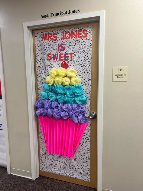 Cupcake Classroom Door, Cupcake Door Decoration, 3d Cupcake Craft, Cupcake Classroom Theme, Sweet Shop Classroom Theme, Office Door Birthday Decorations, General Conference 2023, Birthday Door Decorations, Cupcake Bulletin Boards