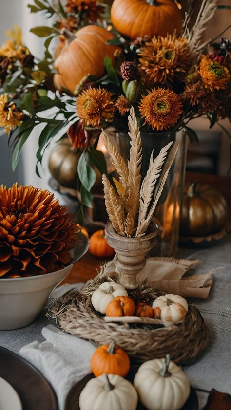 Transform your space with these stunning fall Thanksgiving decor DIY ideas for table candle centerpieces Hobby Lobby finds front porch accents modern living room designs farmhouse kitchen and outdoor Farmhouse Touches November Floral Arrangements, Table Candle Centerpieces, Thanksgiving Decor Diy, Living Room Designs Farmhouse, Elegant Thanksgiving Table, Fall Floral Centerpieces, Candle Table Centerpieces, Outdoor Farmhouse, Table Candle