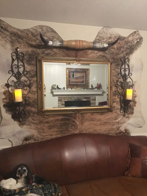 Longhorn Decor Horns Living Rooms, Southwestern Mirror, Cowhide Wall Decor Living Room, Hanging Cowhide On Wall, How To Hang A Cowhide On The Wall, Cowhide On The Wall, Cow Hide Mirror, Cow Hide Wall Decor Ideas, Cowhide Wall Decor