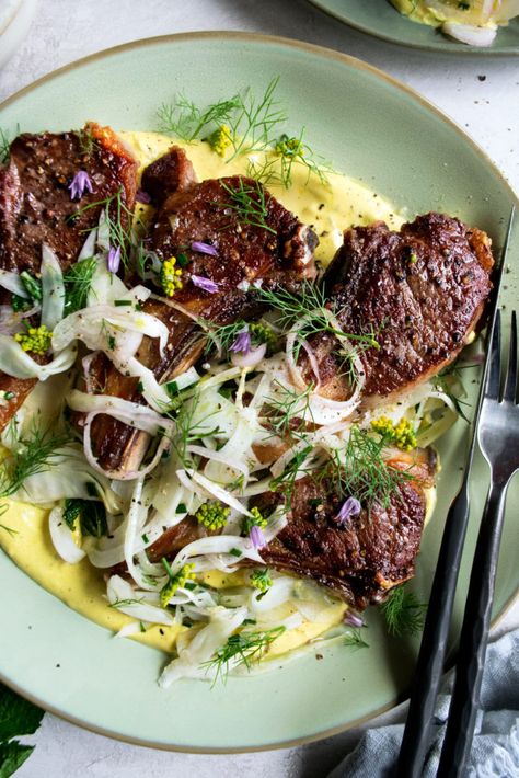 Lamb Chops with Fennel Slaw & Spiced Yogurt - The Original Dish Fancy Cooking, Fennel Slaw, The Original Dish, Lamb Loin Chops, Lamb Loin, Grilled Lamb Chops, Easter Dishes, Lamb Dishes, Grilled Lamb