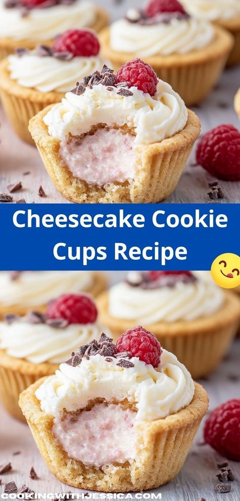 Searching for a delightful treat that everyone will love? Try these Cheesecake Cookie Cups! They combine the best of both worlds, offering a creamy cheesecake filling nestled in a delicious cookie crust—ideal for any sweet tooth. Individual Cookie Cakes, Cheesecake Cookie Cups, Fun Cheesecake Recipes, Mini Cheesecake Bites, Cheesecake Cookie, Delicious Cheesecake Recipes, Cookie Cups Recipe, Mini Dessert Recipes, Tasty Dessert