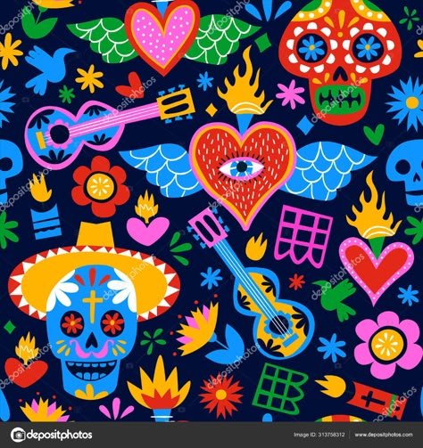 Día del patrón de fondo de dibujos animados mexicanos muertos — Ilustración de Stock Mexican Cartoon, Mexican Colors, Mexican Pattern, Loteria Cards, Mexican Holiday, Mexico Culture, Mexican Designs, Arte Inspo, Mexican Culture