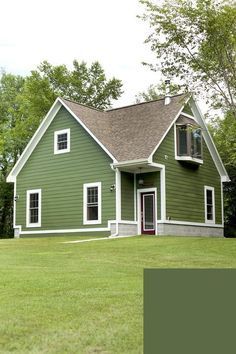 Avocado Green Exterior House Colors, Bright Green Exterior House Colors, Blue And Green Exterior House, Exterior Paint Green Colors For House, Green House Exterior Brown Trim, Army Green Exterior House Paint, Bright Green House Exterior, Green Siding White Trim, Green House Paint