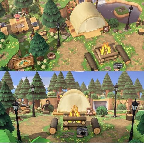 Anch Campsite Idea, Animal Crossing Camp Ideas, Acnh Campfire Ideas, Acnh Island Designs Campsite, Camp Site Acnh, Animal Crossing Clothes Shop, Acnh Fossil Display, Animal Crossing Pergola Ideas, Pergola Acnh