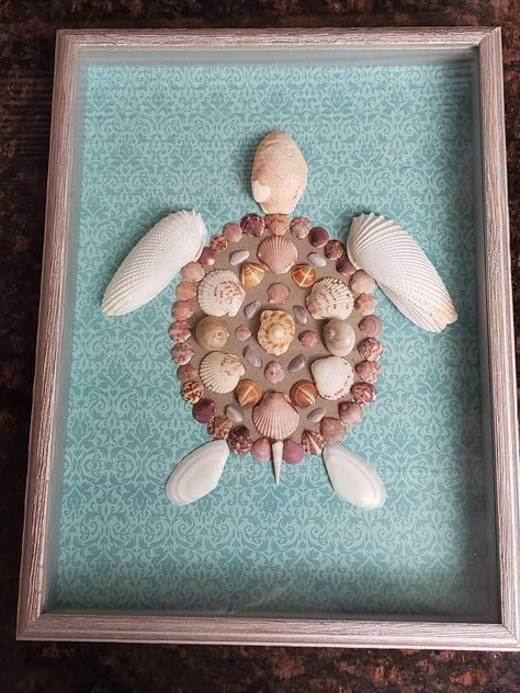 Sea Turtle Seashell Art, Shell Turtle Craft, Diy Sea Shell Decor Craft Ideas, Sea Shell Collection Display, Turtle Made Out Of Sea Shells, Seashell Wall Art Diy, Sea Shell Crafts Diy Decor, What To Do With Shells From The Beach, Things To Do With Seashells