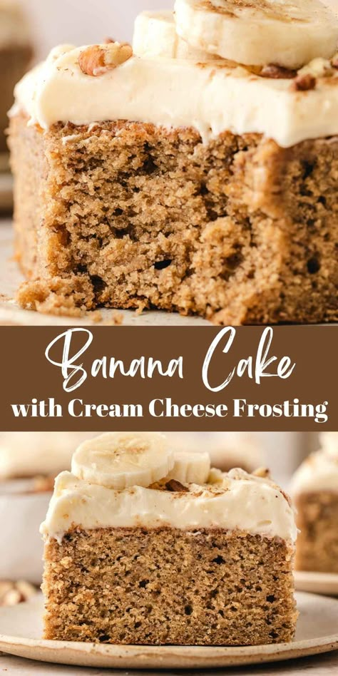 Banana cake with cream cheese frosting is a moist, one-bowl cake. This easy cake recipe is great way to use up ripe bananas! Banana Blondies Cream Cheese Frosting, Banana Bread Cake With Cream, Moist Banana Cake With Peanut Butter Cream Cheese Frosting, Banana Cake Cream Cheese Frosting, Banana Cake With Cream Cheese Icing, Icing For Banana Cake, Banana Bread With Cream Cheese Frosting, Banana Cake With Cake Mix Yellow, Banana Cake Recipe With Buttermilk