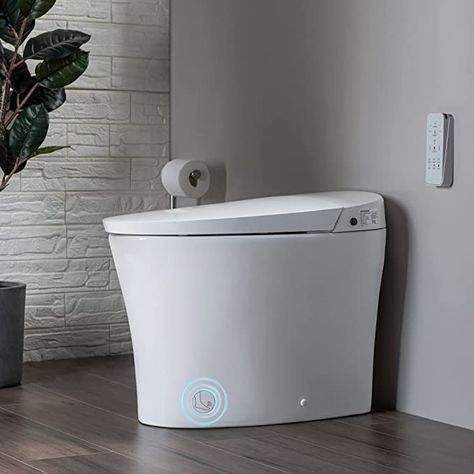 WOODBRIDGE B0970S Smart Bidet Tankless Toilet Elongated One Piece Chair Height, Auto Flush, Foot Sensor Operation, Heated Seat with Integrated Multi Function Remote Control in White - - Amazon.com Toilets With Bidet, Bidet Toilet Combo, Tankless Toilet, Heated Toilet Seat, Feminine Wash, Hall Bathroom, Whirlpool Tub, Drop Point, Smart Toilet