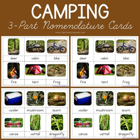 Camping Nomenclature Printables ~ Free Montessori 3 Part Cards #1plus1plus1 #montessori #nomenclature #homeschool #homeschooling #camping Free Montessori Printables, Montessori Printables Free, Preschool Camping Activities, Camping Printables, Camping Theme Preschool, Print Awareness, Montessori Printables, Montessori Lessons, Elementary Learning