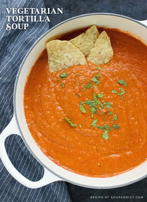 A substantial, fully-flavored soup with Mexican leanings, Vegetarian Tortilla Soup is a quick and easy tomato-based soup that's perfect for weeknight meals and Meatless Mondays. Tortilla chips stand in for regular tortillas and add a lovely salty-corn punch to this veggie-focused soup. Recipe at SoupAddict.com Vegetarian Tortilla Soup, Fresco Cheese, Homemade Corn Tortillas, Easy Mediterranean Diet Recipes, Meatless Mondays, Homemade Tortillas, Tortilla Soup, Mediterranean Diet Recipes, Meatless Monday