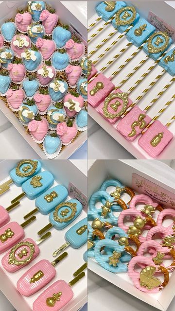 Gender Reveal Berries, Gender Reveal Ideas Candy Table, Gender Reveal Ideas Food Table, Gender Reveal Bar, Gender Reveal Ideas Treats, Gender Reveal Ideas For Dessert Table, Gender Reveal Bakery Ideas, Treats For Gender Reveal Party, Gender Reveal Chocolate Covered Strawberries