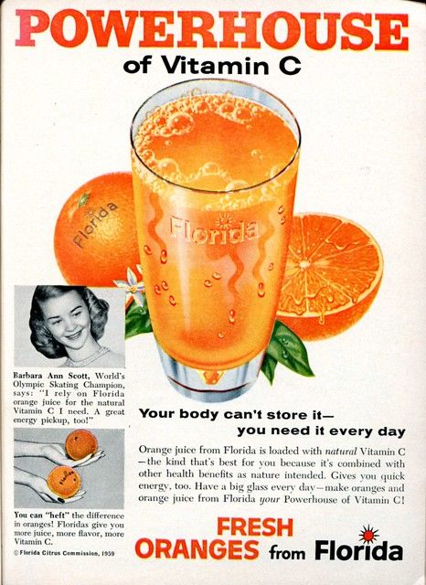 1959 Florida Oranges Advertising Readers Digest January 19… | Flickr Orange Juice Advertising, Juice Advertising, Florida Orange Juice, Fun Kitchen Decor, Juice Ad, Florida Vintage, Natural Vitamin C, Food Wall Art, Florida Oranges