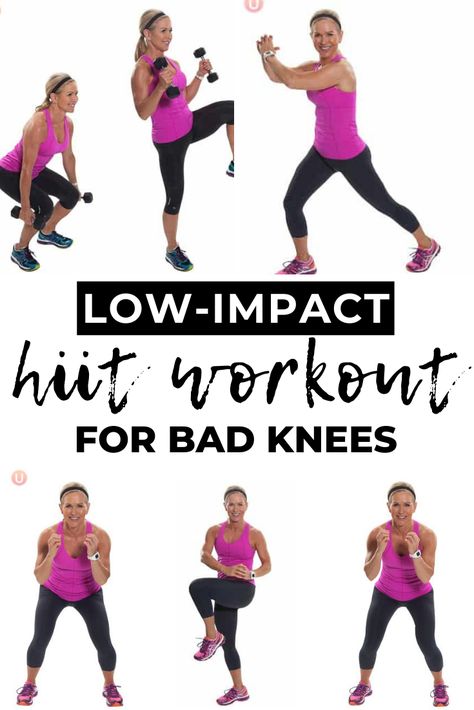 This 12-minute HIIT workout was designed using moves that are protective of bad knees, some of which include holding dumbbells to give you that extra push of high intensity. Hiit Workouts For Bad Knees, Hitt Workout At Home Low Impact, Thigh Exercises For Bad Knees, Knee Friendly Hiit Workout, Low Impact Exercises For Bad Knees, Low Impact Workout At Home For Bad Knees, Low Impact Hiit Workout For Bad Knees, Low Impact Leg Workout For Bad Knees, Cardio For Bad Knees