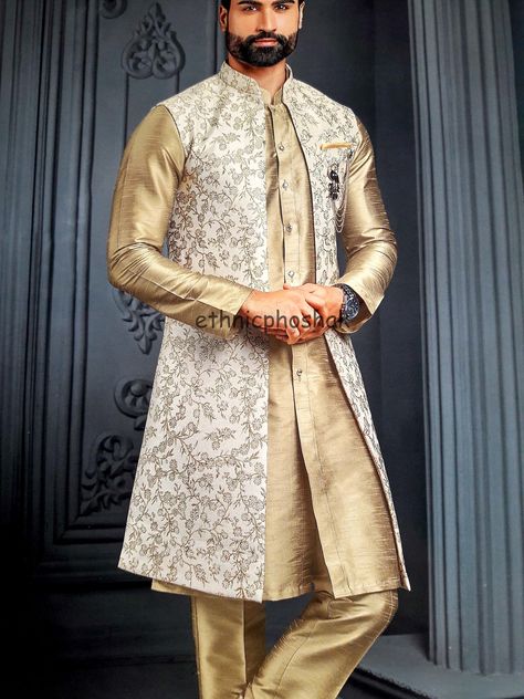 Material ART SILK IMPORTED FABRIC Included long jacket only. Nehru jacket for men,waist coat for men,indian waist coat nehru jacket for men ,waist coat,Nehru coat,jodhpuri jacket for men,mens nehru jacket with out button open front.Cost Includes Nehru Jacket only. Kurta pajama not included in this package. Long Koti Kurta For Men, Sangeet Outfit For Men, Long Vest Coat, Wedding Sherwani For Men, Men Dresses, Waistcoat Outfit, Nehru Jacket For Men, Waistcoat Designs, Dance Garments