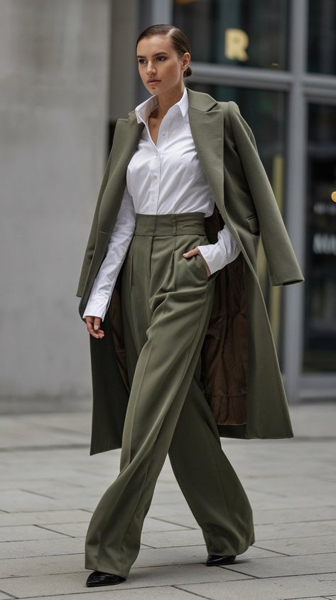 Step out in style with this sophisticated ensemble featuring a crisp white button-up shirt tucked into high-waisted olive green trousers, complemented by a tailored green coat. This look exudes confidence and professionalism, perfect for any urban setting. The model's poised stride and minimalist accessories highlight the outfit's modern elegance, making it an ideal choice for both business meetings and stylish outings. Minimalist Urban Fashion, Green Elegant Outfit, Green Monochromatic Outfit, Olive Green Trousers, Older Women Dresses, Green Monochromatic, 2024 Family, Monochromatic Fashion, Monochromatic Outfit