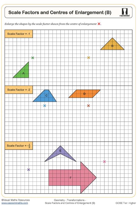 Explore the comprehensive Scale Factors and Centres of Enlargement Worksheet ideal for teaching students about negative scale factor enlargements. This resource is designed to support students in understanding and mastering this mathematical concept. With clear instructions and engaging exercises, this worksheet offers a structured approach to learning that helps build a solid foundation in geometry. Perfect for educators seeking effective teaching materials and for learners looking to enhance t Year 9 Maths Worksheets, Ks3 Maths Worksheets, Year 8 Maths Worksheets, Ks1 Maths Worksheets, Year 6 Maths Worksheets, Year 2 Maths Worksheets, Year 5 Maths Worksheets, Year 7 Maths Worksheets, Year 4 Maths Worksheets