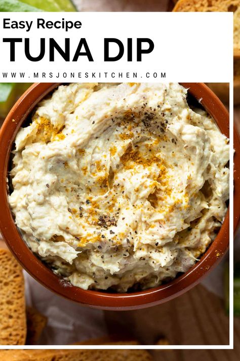 A terracotta bowl filled with tuna dip, sprinkled with curry powder. Smoked Salmon Pate, Tuna Dip, Tuna Dishes, Canned Tuna Recipes, Pantry Ingredients, Potato Crisps, Spicy Tuna, Pita Chips, Cream Cheese Recipes