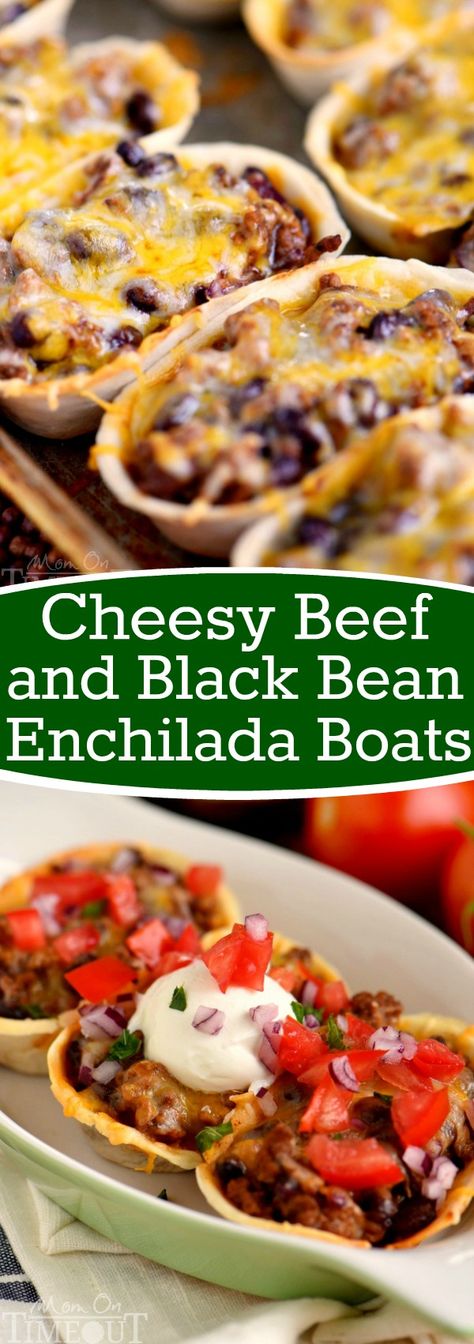 These Cheesy Beef and Black Bean Enchilada Boats are the perfect quick dinner on busy weeknights! Packed full of flavor and so fun to eat! @OldElPaso #ad #TacoBoatSweepstakes #TacoBoats Black Bean And Beef Burritos, Beef And Black Bean Enchiladas, Beef Bean And Cheese Burritos, Beef Bean And Cheese Enchiladas, Smothered Beef And Bean Burrito Bake, Taco Boat Recipes, Beef And Black Bean, Taco Boats, Black Bean Enchiladas