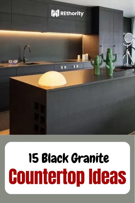 Are you looking for ideas to help you give your kitchen a unique, modern look? Black granite countertops can transform any kitchen into a sleek and sophisticated space. With its bold and sleek appearance, black granite is a great choice for making a statement in your kitchen. From classic black granite to unique pairing ideas, here are 15 black granite countertop ideas to inspire you. Kitchen Tiles With Black Granite, Black Leather Granite Kitchen, Dark Kitchen Flooring, Black Granite Countertops Kitchen Modern, Black Kitchen Countertops Color Combos, Black Galaxy Granite Kitchen, Black Pearl Granite Countertops, Granite Countertop Ideas, Black Granite Kitchen Countertops