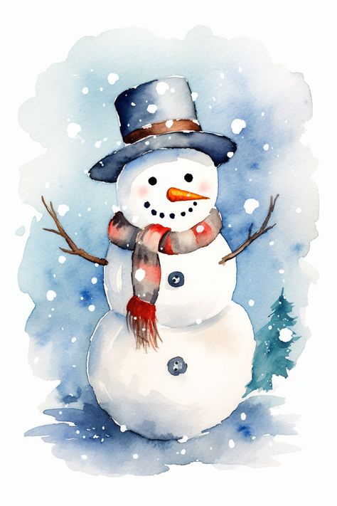 Watercolor Christmas Cards Ideas Winter Scenes, Christmas Themed Watercolor Paintings, Snowman Watercolor Christmas Cards, Watercolor Snowman Card, Cute Watercolor Christmas Cards, Winter Watercolour Painting, Christmas Things To Draw Easy, Winter Watercolor Ideas, Watercolor Paintings Winter