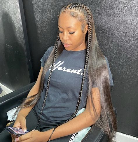 2 Braids In The Front Sew In In The Back, Braids With Leave Out In The Back, Half Feed In Braids Half Sew In Straight, Down Braids Hairstyles, 2 Braids In The Front With Hair Down, Half Feed In Braids Half Sew In, Braids With Leave Out, Braids With Weave In The Back, Braids With Sew In In The Back