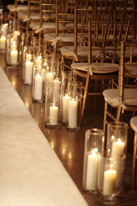 Hurricane candles wedding aisle Fall Aisle Decorations Wedding, Wedding Aisle Candles, Candles Centerpieces, Aisle Candles, Pillar Candles Wedding, Church Aisle, Art Deco Candle, Candle Lit Wedding, Ceremony Candles