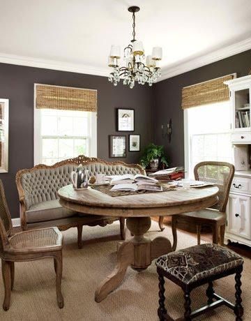 Dark greys can add warmth and coziness to any room when used correctly! Veranda Interiors, Charcoal Walls, Taupe Walls, New Paint Colors, Dark Walls, Dining Nook, The Dining Room, Grey Walls, Dining Room Design