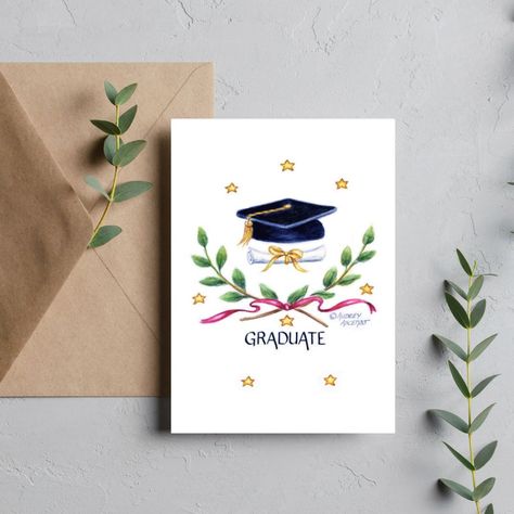 Congratulate the this great occasion to the graduate for a job well done! Sophisticated victory emblem just about says it all for a great accomplishment. Front: Graduate Inside Verse:Congratulations on your graduation for a job well done! Best wishes and happiness on all your new and exciting endeavors. Original watercolor artwork by Audrey Ascenzo.❤️ Watercolor Graduation Cards, Graduation Watercolor, Watercolor Graduation, Instagram Features, Graduation Cards Handmade, Quilled Cards, Girl Graduation, Graduation Crafts, Job Well Done