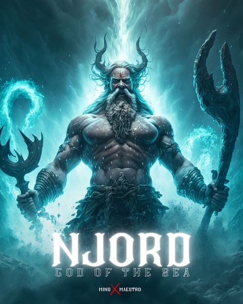 Njord is the Norse god of seafaring, fishing, wind, and prosperity. He is one of the Vanir gods, a group of deities associated with fertility, wisdom, and the ability to see the future. He is often depicted as a wise and benevolent god, with a long white beard and wearing a cloak of seagull feathers. He is also associated with the sea and is said to control the winds and waves. He reminds us that we must take risks and explore new horizons in order to discover our true selves and achieve our goa Norse Gods And Goddesses Art, Njord Norse Mythology, Njord God, Sea Mythology, Norse Mythology Gods, Norse Gods And Goddesses, Viking Artwork, God Of Sea, Norse Mythology Art