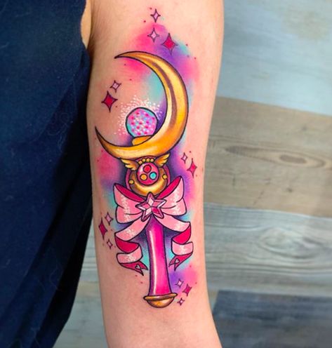 Moon Wand Tattoo, Sailor Moon Tattoo Ideas, Sailor Moon Wand, Kawaii Tattoos, Sailor Moon Wands, Moon Tattoo Ideas, Stick Tattoo, Wand Tattoo, Sailor Moon Tattoo