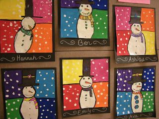 In Art class, 3rd graders reviewed different types of lines; horizontal, vertical, zigzag, diagonal, dotted, dashed, and curved. They used different types of lines to draw the snowmen that you see. Next, 3rd graders reviewed the warm colors (red, orange, yellow) and cool colors (blue, green, purple) while painting their artworks. Art 2nd Grade, Snowmen Paintings, January Art, Classe D'art, Winter Art Lesson, Winter Art Projects, 3rd Grade Art, Classroom Art Projects, Snowman Painting