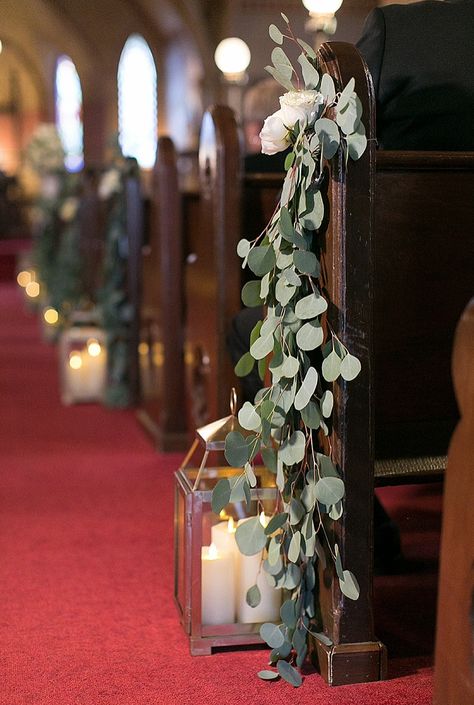 Chapel Wedding Decorations Pews, Eucalyptus Wedding Altar, Eucalyptus Wedding Ceremony Decor, Chapel Pew Wedding Decorations, Wedding Chapel Decorations Alter, Eucalyptus Pew Ends, Eucalyptus Altar, Wedding Ceremony Church Decorations, Simple Church Wedding Decorations Aisle