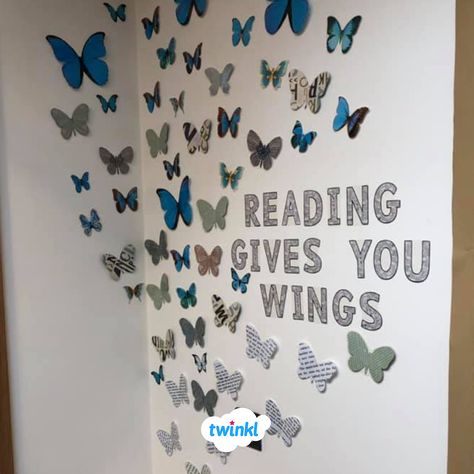 Create your own version of this beautiful display wall with Twinkl's 'Reading Gives You Wings' printable resources! Sign up to Twinkl to discover over 500,000 teaching resources.   #reading #readinggivesyouwings #classroom #classroomdisplay #classroomideas #bulletinboard #butterfly #inspirational #motivational #teachersofinstagram #teaching #teacher #teachersfollowteachers #twinkl #twinklresources Reading Wall Display Classroom, Butterfly Reading Corner, Cute Reading Corner Ideas Classroom, Classroom Themes Butterfly, Book Corner Classroom Ks2, Classroom Butterfly Decor, Reading Gives You Wings, Reading Gives You Wings Bulletin Board, Butterfly Classroom Decorations