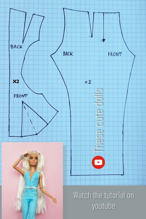 watch the tutorial on my youtube channel. Free Pdf Pattern Sewing, Jumpsuit Free Pattern, Sew A Jumpsuit, Barbie Clothes Diy, Diy Doll Clothes Patterns, Free Barbie, Barbie Dress Pattern, Thumb Up, Sewing Barbie Clothes