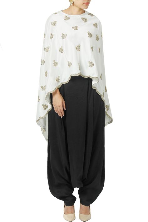 Payal Singhal  Tramontane Zouave Pants Asymmetric Cape, Draped Pants, Accessories For Wedding, Payal Singhal, Latest Designer Dresses, Drape Pants, Dhoti Pants, Black Drapes, Scallop Hem