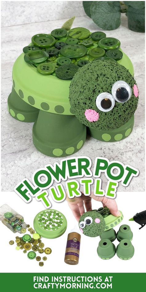 Flower Pot Turtle Craft- cutest turtle diy art project to make for summer! Turtle art project for kids or adults. Clay pot turtle craft to make. How to make a turtle out of flower pots? Turtle Art Project, Turtle Diy, Turtle Craft, Crazy Laura, September Crafts, Terra Cotta Pot Crafts Diy, Glassware Crafts, Clay Pot Projects, Turtle Crafts