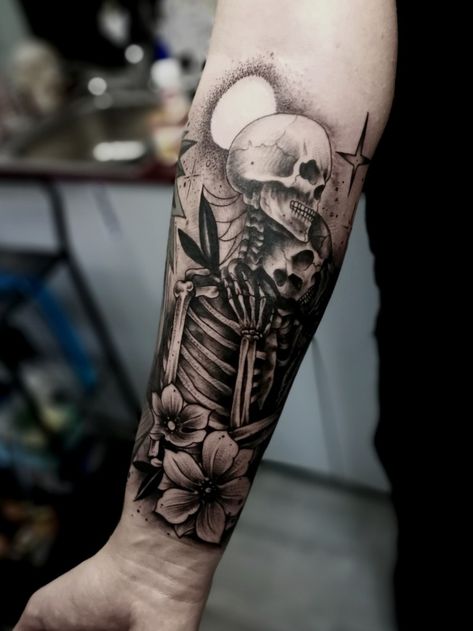 Dark Cover Up Tattoos, Skeleton Couple Tattoo, Skull Couple Tattoo, Skull Thigh Tattoos, Sewing Tattoos, Underarm Tattoo, Feminine Skull Tattoos, Dark Tattoos, Gallery Tattoo