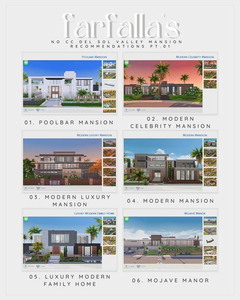 F a r f a l l a ☁️: No CC Del Sol Valley Mansion Recommendations, pt.... Del Sol Valley Sims 4, Sims 4 Del Sol Valley, Celebrity Mansions, Sims 4 Gallery, Luxury Mansion, Modern Mansion, Mansions Luxury, Sims 4 Build, Modern Family