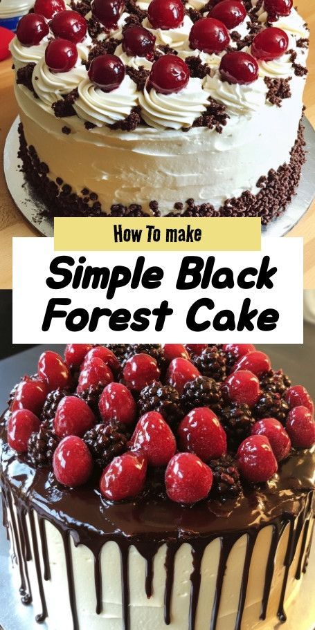 Indulge in a Simple Black Forest Cake - a rich chocolate delight layered with tangy cherries and fluffy whipped cream. Perfect for any celebration, this easy recipe guarantees a decadent dessert experience. Whip up this elegant dessert in just 20 minutes of prep time! Ideal for special occasions or a sweet treat at home, this cake features luscious cherries, dark chocolate shavings, and cream that will impress every guest. Enjoy a slice of bliss today! Simple Black Forest Cake, Easy Black Forest Cake, Black Forrest Cake, Black Forest Cake Easy, Cherry Cake Recipe, Black Forest Cake Recipe, Black Forest Gateau, Black Forest Cake, Elegant Desserts