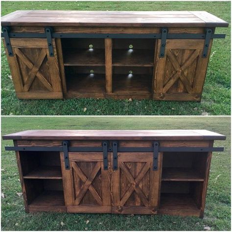 TV Console/TV Stand/Entertainment by TourtillottCreations on Etsy Rustic Furniture Design, Barn Door Entertainment Center, Rustic Tv Stand, Console Tv, Decorating Advice, Entertainment Center Decor, Smart Ideas, Rustic Living Room, Tv Console